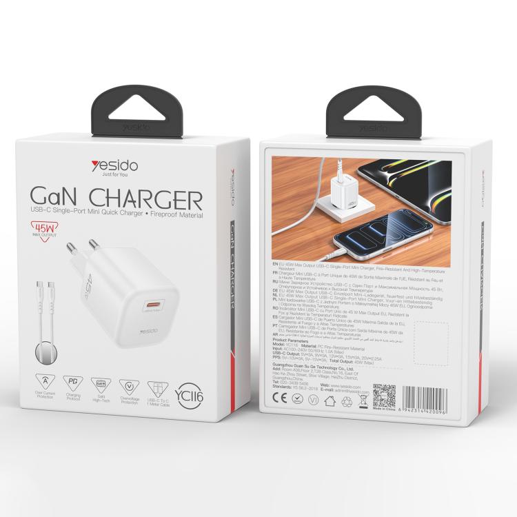 Caricabatterie rapido Yesido PD45W GaN Type-C con cavo da Type-C a Type-C, EU Plug, UK Plug, US Plug