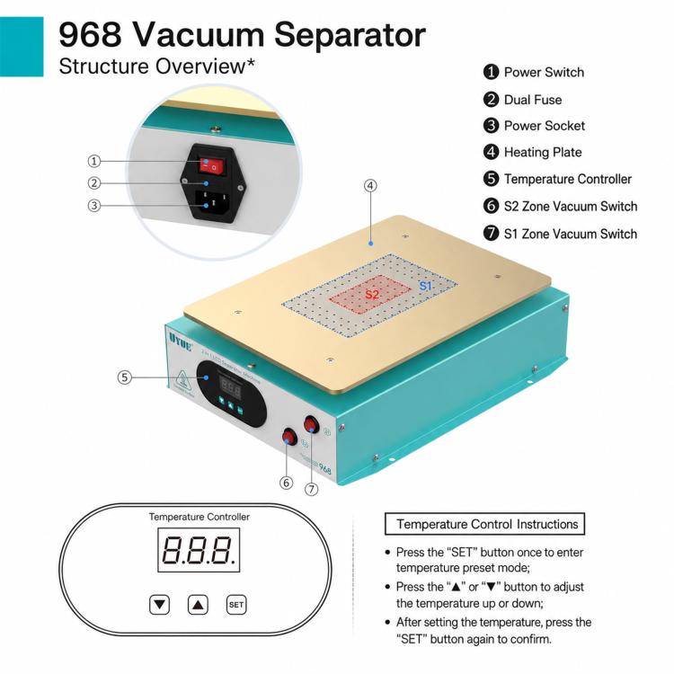 Macchina separatrice per schermi LCD da 15 pollici UYUE 968 con pompa a vuoto integrata, US Plug, EU Plug