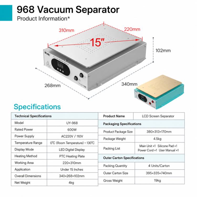 Macchina separatrice per schermi LCD da 15 pollici UYUE 968 con pompa a vuoto integrata, US Plug, EU Plug