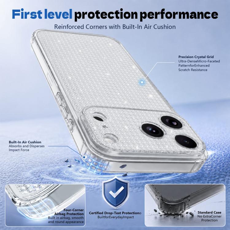 Custodia per telefono con airbag e glitter a forma di diamante scintillante, For iPhone 18, For iPhone 18 Pro, For iPhone 18 Pro Max, For iPhone 17 Pro Max