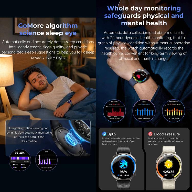 Smartwatch M301, schermo AMOLED da 1,32 pollici, frequenza cardiaca, ossigenazione del sangue, pressione sanguigna, salute femminile, assistente vocale.