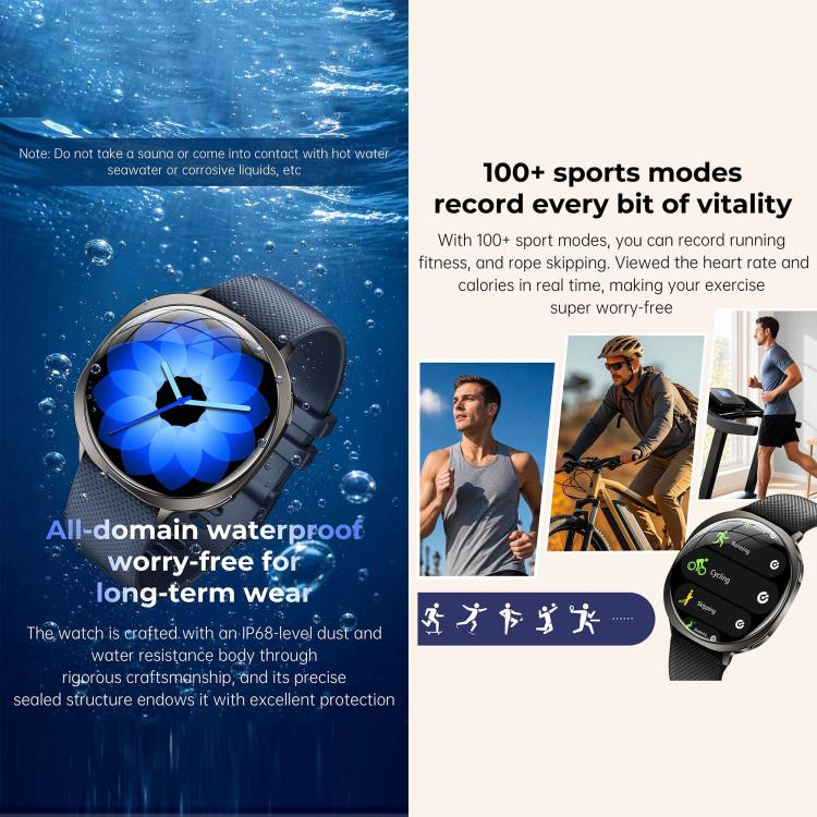 Smartwatch M301, schermo AMOLED da 1,32 pollici, frequenza cardiaca, ossigenazione del sangue, pressione sanguigna, salute femminile, assistente vocale.