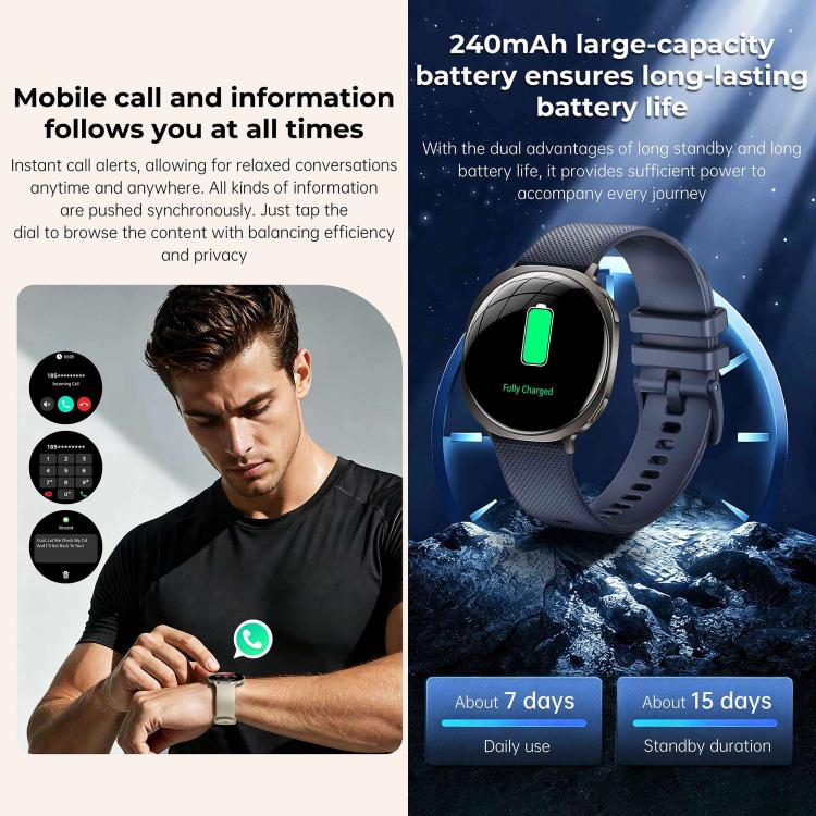 Smartwatch M301, schermo AMOLED da 1,32 pollici, frequenza cardiaca, ossigenazione del sangue, pressione sanguigna, salute femminile, assistente vocale.