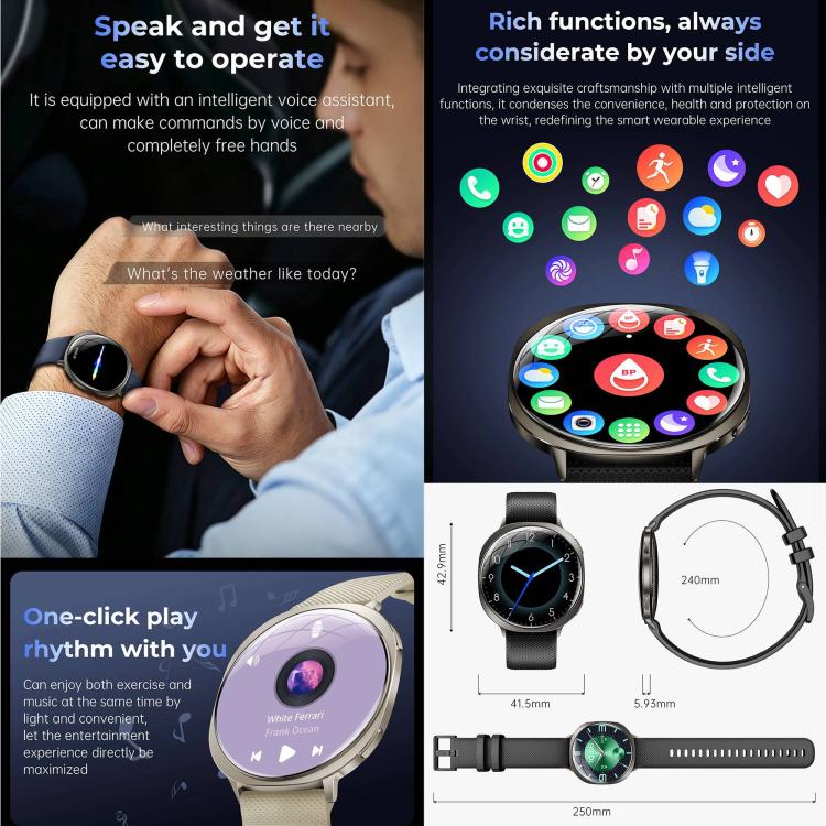 Smartwatch M301, schermo AMOLED da 1,32 pollici, frequenza cardiaca, ossigenazione del sangue, pressione sanguigna, salute femminile, assistente vocale.
