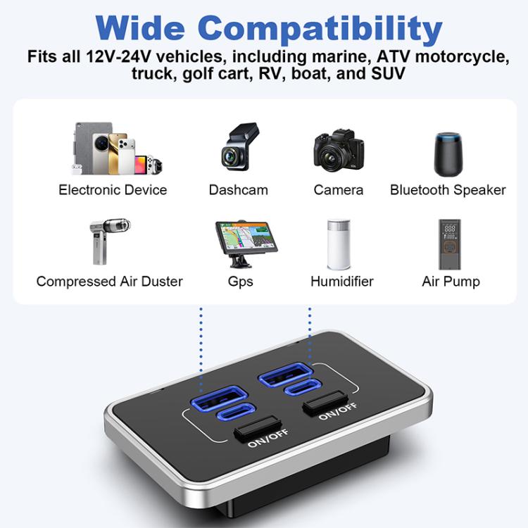 Caricabatterie da auto USB-C a 4 porte per modifiche auto e ricarica rapida, 4 Ports