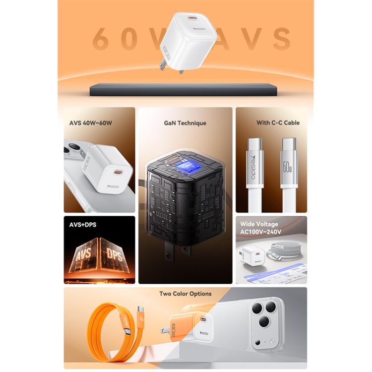 Caricabatterie trasparente Yesido YC27U AVS da 40-60 W con interfaccia USB-C/Type-C., YC27U US Plug