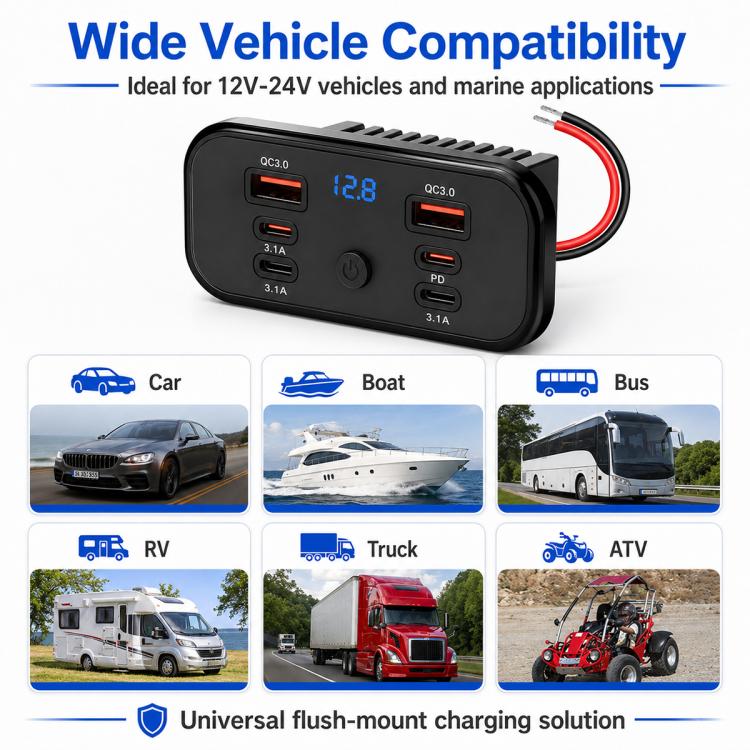 Modifica auto Caricabatterie da auto USB-C a ricarica rapida con voltmetro, Multi-Ports