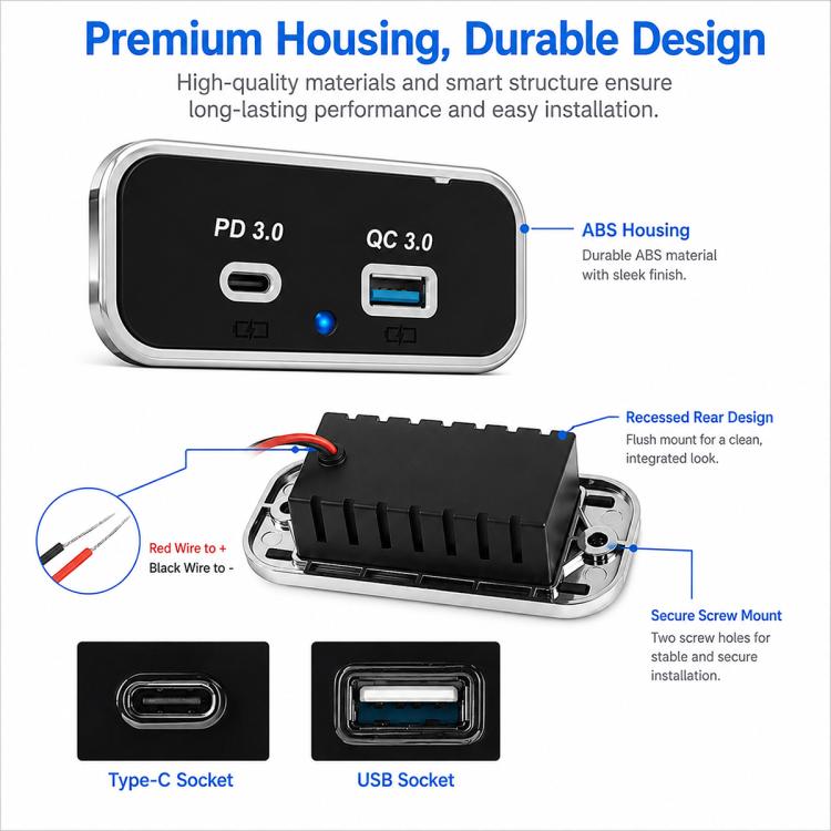Caricabatterie per auto a doppia porta con ricarica rapida QC3.0+PD3.0., Dual Ports(Black with Silver Border), Dual Ports(Black with Black Border)
