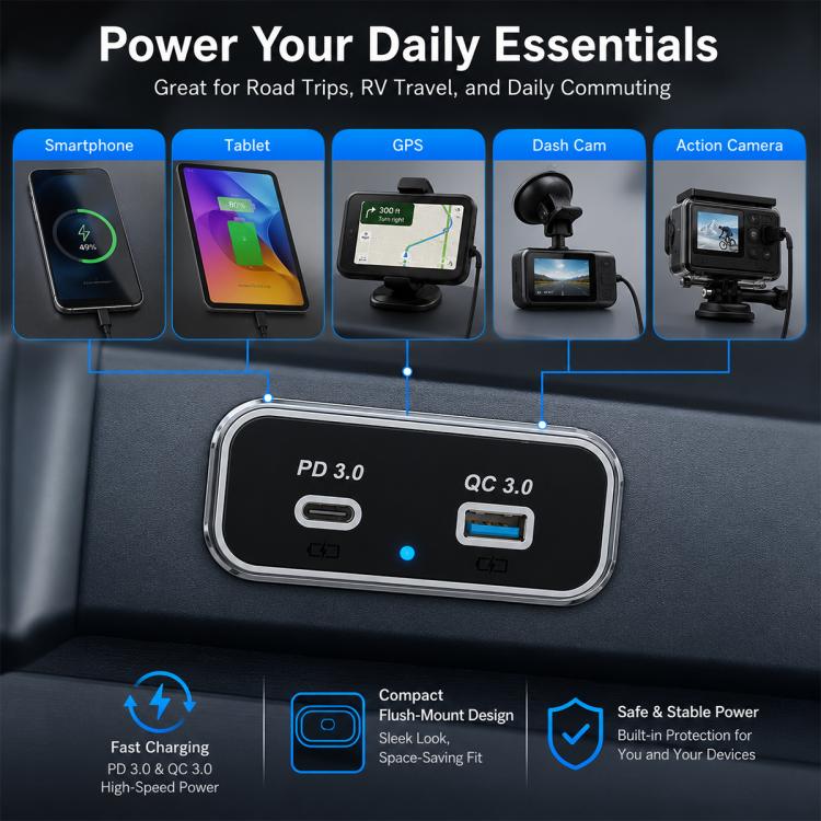 Caricabatterie per auto a doppia porta con ricarica rapida QC3.0+PD3.0., Dual Ports(Black with Silver Border), Dual Ports(Black with Black Border)