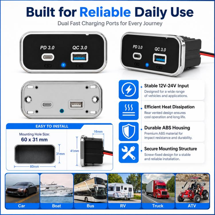 Caricabatterie per auto a doppia porta con ricarica rapida QC3.0+PD3.0., Dual Ports(Black with Silver Border), Dual Ports(Black with Black Border)