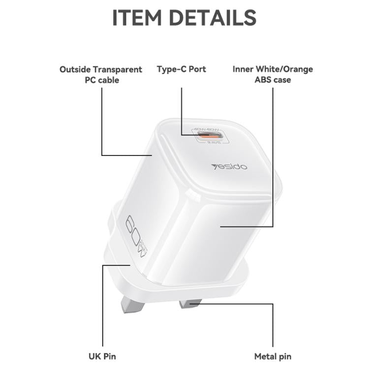 Caricabatterie Yesido YC161 trasparente con interfaccia USB-C/Type-C da 40-60 W e tecnologia AVS., UK Plug