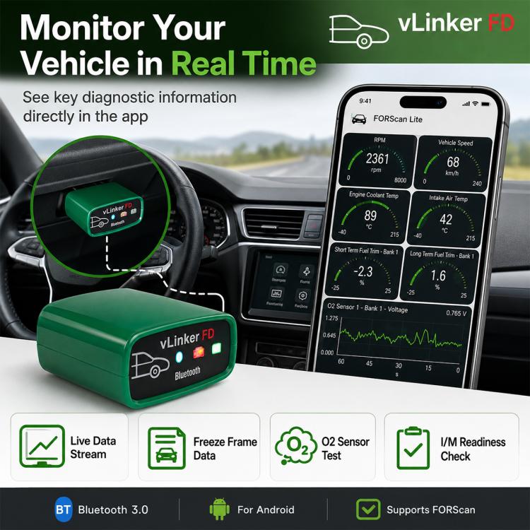 VLINKER FD + V2.2 Rilevatore di diagnosi guasti auto Bluetooth 3.0, FD + V2.2 Bluetooth 3.0