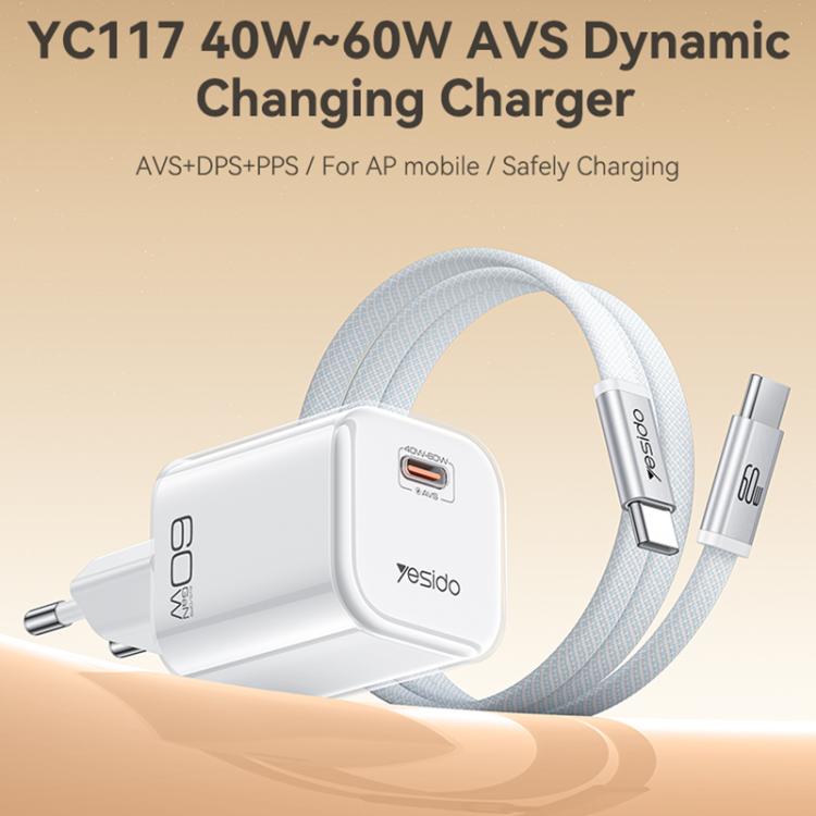 Caricabatterie Yesido YC117 trasparente con interfaccia USB-C/Type-C da 40-60 W e tecnologia AVS., EU Plug