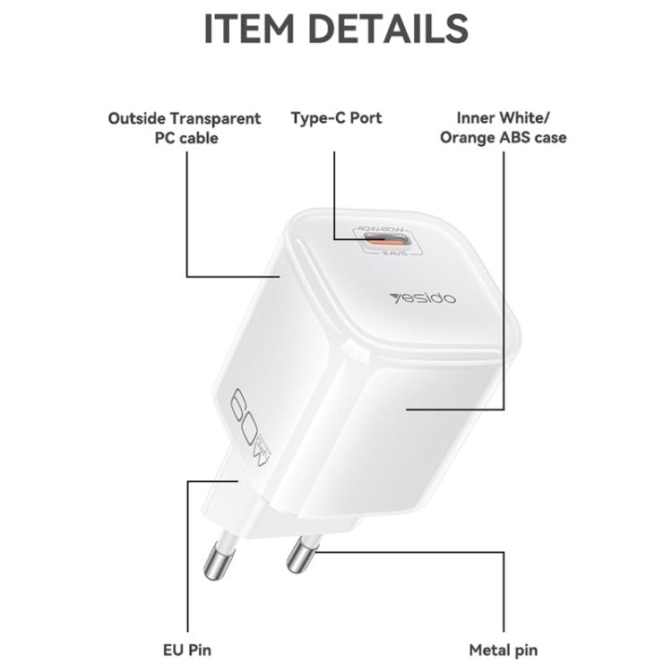Caricabatterie Yesido YC117 trasparente con interfaccia USB-C/Type-C da 40-60 W e tecnologia AVS., EU Plug