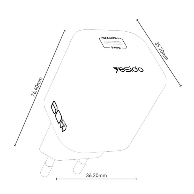 Caricabatterie Yesido YC117 trasparente con interfaccia USB-C/Type-C da 40-60 W e tecnologia AVS., EU Plug