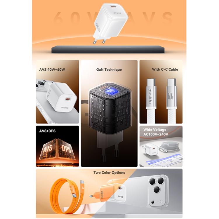 Caricabatterie Yesido YC117 trasparente con interfaccia USB-C/Type-C da 40-60 W e tecnologia AVS., EU Plug