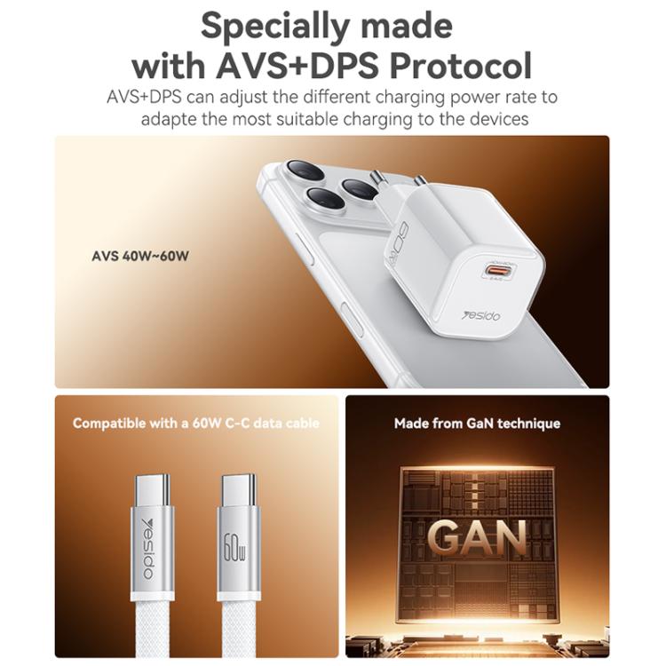 Caricabatterie Yesido YC117 trasparente con interfaccia USB-C/Type-C da 40-60 W e tecnologia AVS., EU Plug