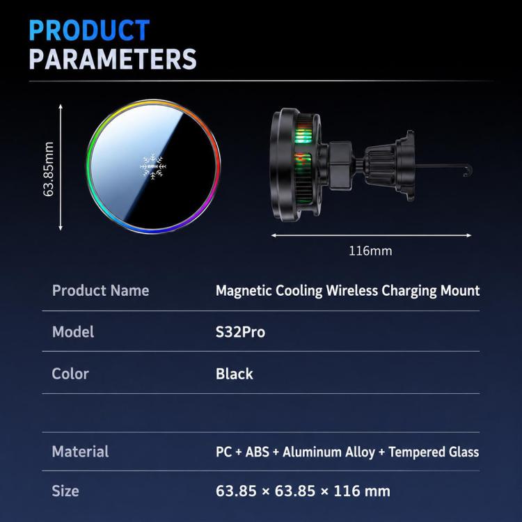 Supporto per auto con presa d'aria, caricabatterie wireless rapido a raffreddamento magnetico da 25 W., S32 Pro