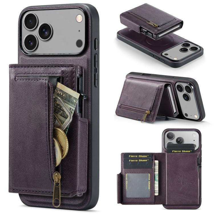 Fierre Shann Oil Wax Vegan Leather Magnetic Card Holder Retro Phone Case, For iPhone 17e / 16e, For iPhone 17 Pro Max, For iPhone 17 Pro, For iPhone 17