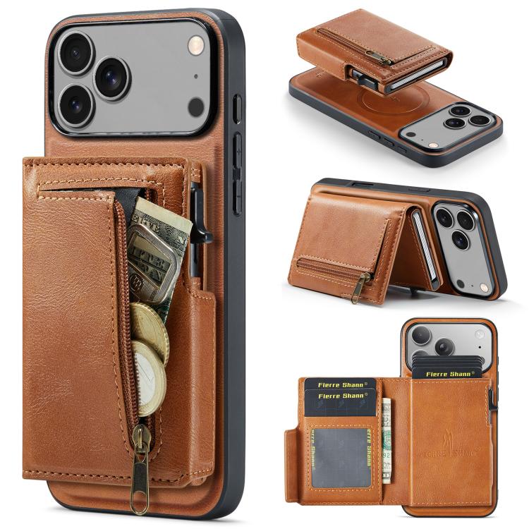 Fierre Shann Oil Wax Vegan Leather Magnetic Card Holder Retro Phone Case, For iPhone 17e / 16e, For iPhone 17 Pro Max, For iPhone 17 Pro, For iPhone 17