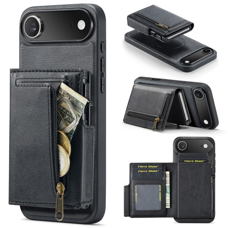 Fierre Shann Oil Wax Vegan Leather Magnetic Card Holder Retro Phone Case, For iPhone Air, For iPhone 16 Pro Max, For iPhone 16 Pro, For iPhone 16 Plus