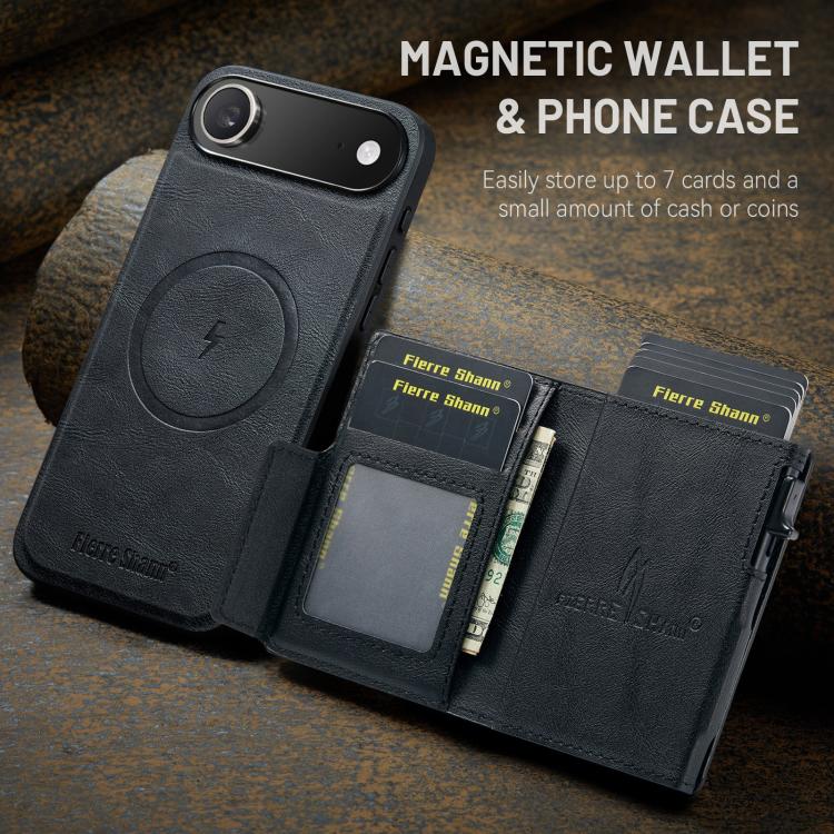 Fierre Shann Oil Wax Vegan Leather Magnetic Card Holder Retro Phone Case, For iPhone Air, For iPhone 16 Pro Max, For iPhone 16 Pro, For iPhone 16 Plus