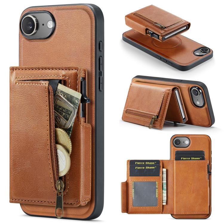 Fierre Shann Oil Wax Vegan Leather Magnetic Card Holder Retro Phone Case, For iPhone 17e / 16e, For iPhone 17 Pro Max, For iPhone 17 Pro, For iPhone 17