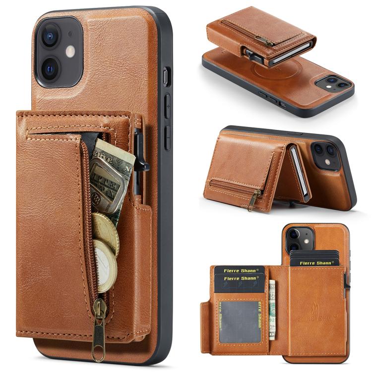 Fierre Shann Oil Wax Vegan Leather Magnetic Card Holder Retro Phone Case, For iPhone 11 Pro Max, For iPhone 11, For iPhone 11 Pro