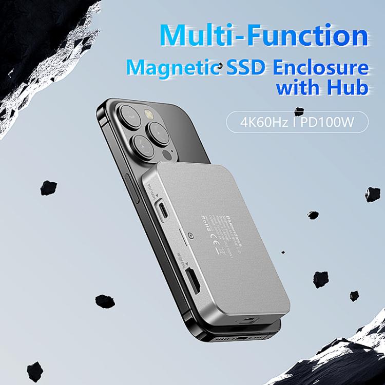 Box esterno magnetico per SSD NVMe Blueendless M3HD 3 in 1 con hub USB-C da 10 Gbps e risoluzione 4K.
