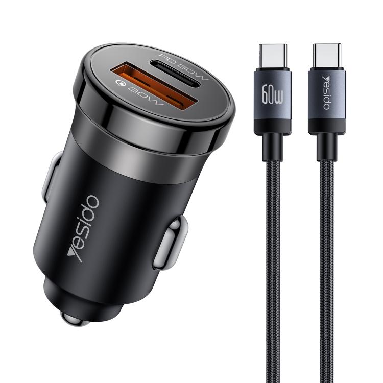 Caricabatterie da auto Yesido Y72 da 30 W con doppia porta USB-A e Type-C e cavo da Type-C a Type-C., Y72