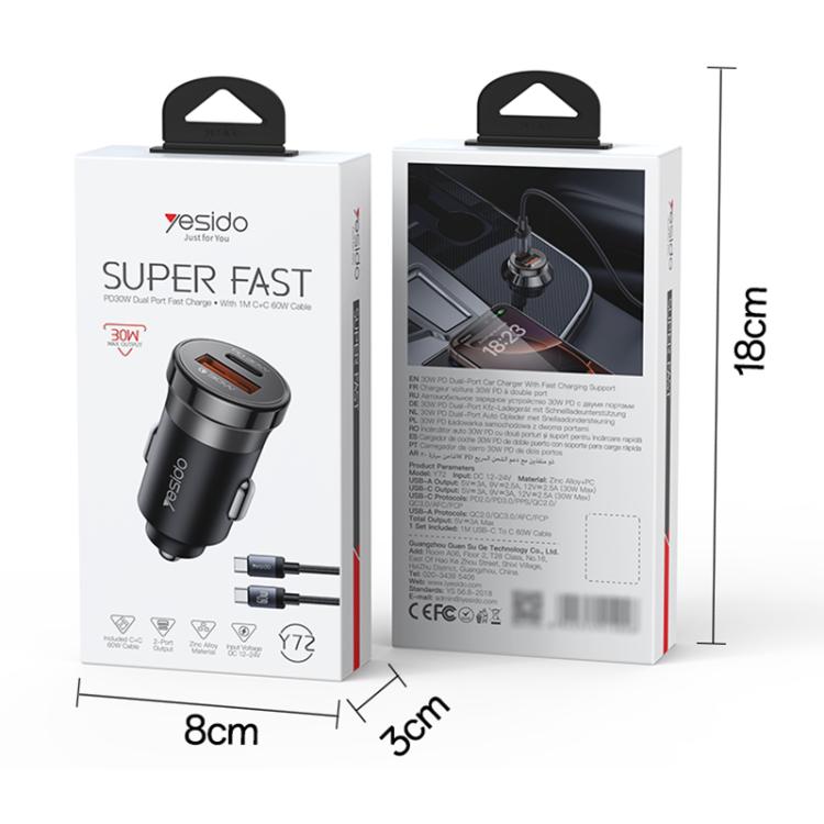 Caricabatterie da auto Yesido Y72 da 30 W con doppia porta USB-A e Type-C e cavo da Type-C a Type-C., Y72