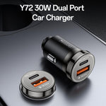 Caricabatterie da auto Yesido Y72 da 30 W con doppia porta USB-A e Type-C e cavo da Type-C a Type-C., Y72