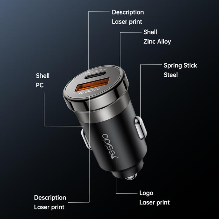 Caricabatterie da auto Yesido Y73 da 30 W con doppia porta USB-A Type-C e cavo da Type-C a 8 pin., Y73