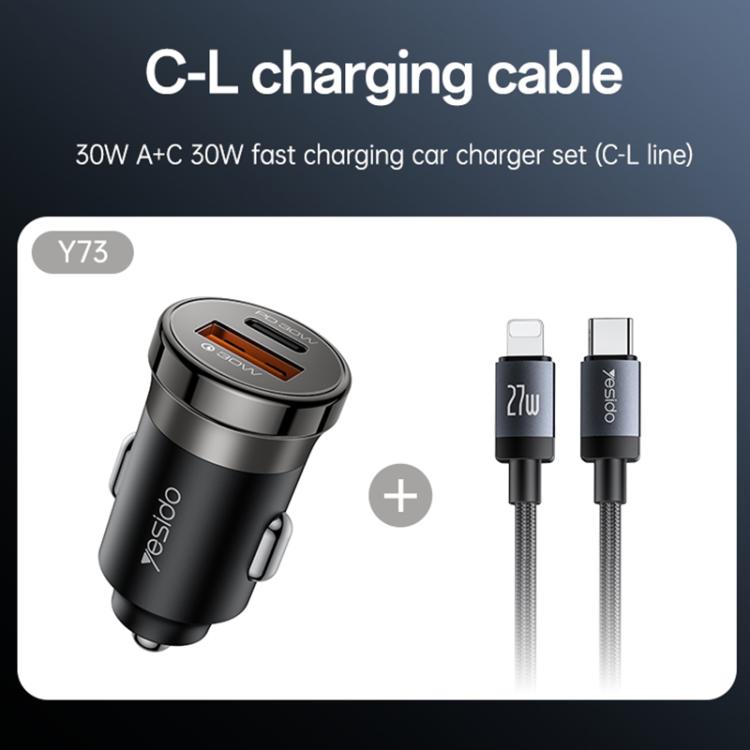 Caricabatterie da auto Yesido Y73 da 30 W con doppia porta USB-A Type-C e cavo da Type-C a 8 pin., Y73