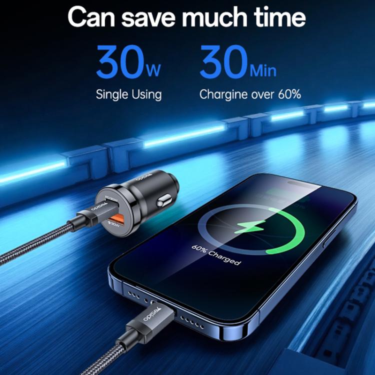 Caricabatterie da auto Yesido Y73 da 30 W con doppia porta USB-A Type-C e cavo da Type-C a 8 pin., Y73
