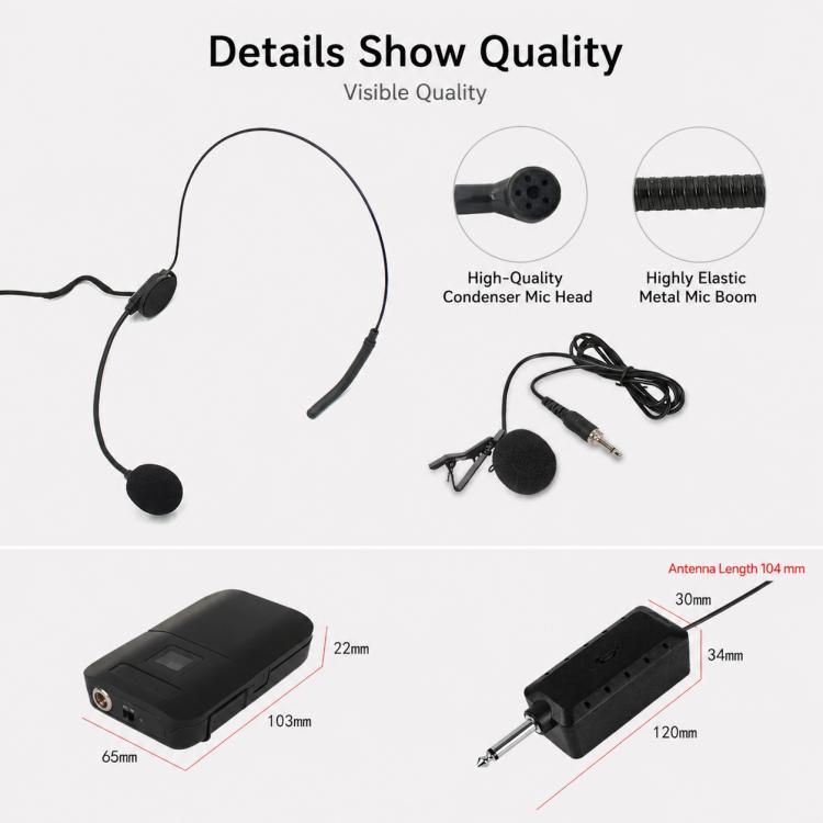 Microfono wireless VHF a doppio canale E8 da 1 a 2, Headset, Lavalier