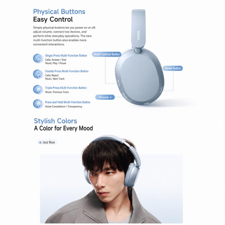Cuffie wireless Bluetooth over-ear originali Xiaomi REDMI con riduzione del rumore.