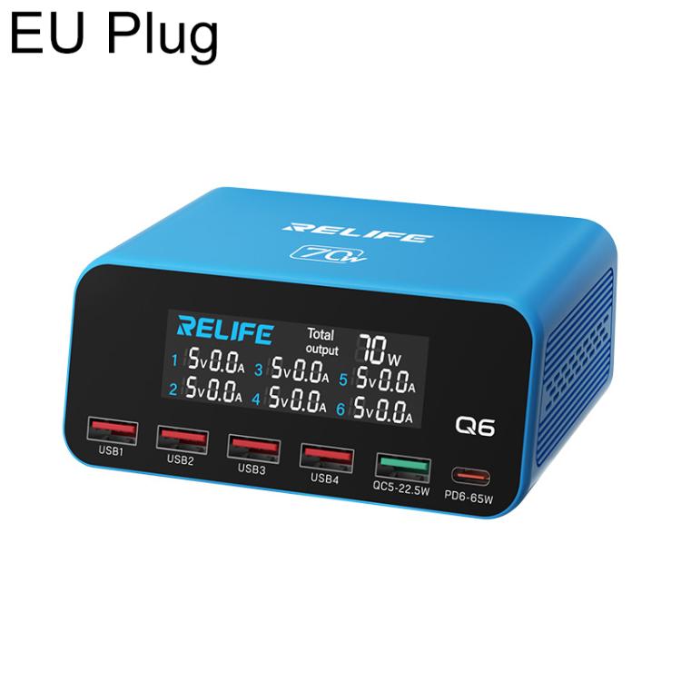 Caricabatterie digitale intelligente multiporta RELIFE Q6 da 70 W con display digitale, EU Plug, AU Plug, UK Plug, US Plug
