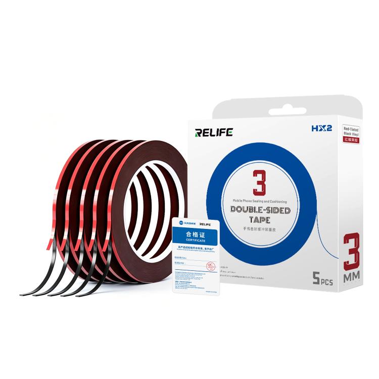 RELIFE HX2 Nastro biadesivo 5 in 1 con pellicola rossa e schiuma nera, 3mm x 10m