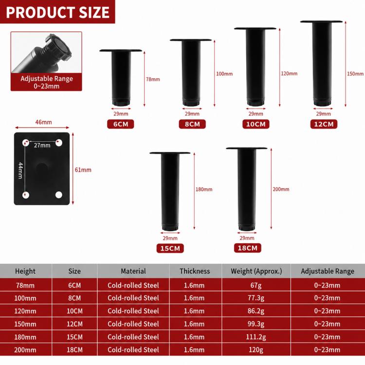 Gambe di supporto per mobili semplici e regolabili in altezza, ideali per divani e tavolini da caffè., 78mm, 100mm, 120mm, 150mm, 180mm, 200mm