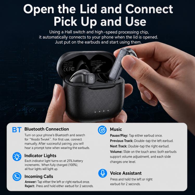 Auricolari wireless Bluetooth Yesido TWS44 con doppio microfono, cancellazione del rumore (ENC) e riduzione del rumore., TWS44