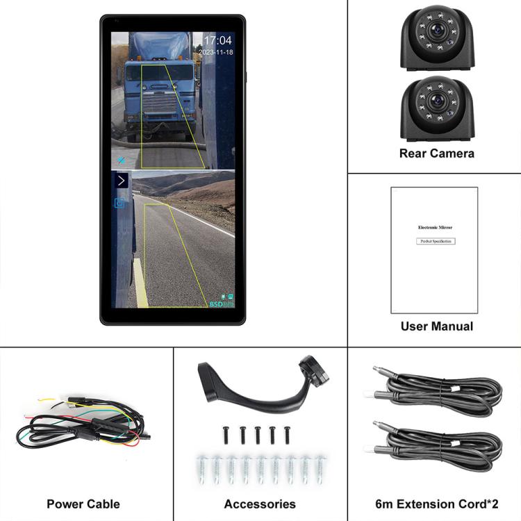 Specchietto retrovisore elettronico digitale HD cablato con touchscreen da 10,36 pollici per camion, set 2 in 1 con DVR BSD.