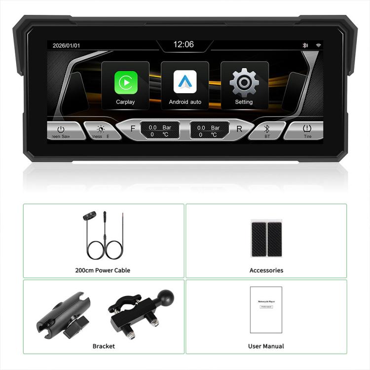 Navigatore GPS portatile da 8,1 pollici impermeabile e wireless per moto, compatibile con CarPlay., Standard, Standard+Tire Pressure Monitor