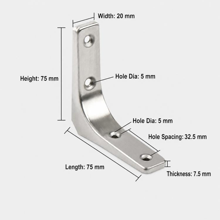 Semplici supporti ad angolo retto curvi a forma di L in acciaio inossidabile per mensole da parete., 3 inch, 4 inch, 5 inch, 6 inch, 8 inch, 10 inch, 12 inch