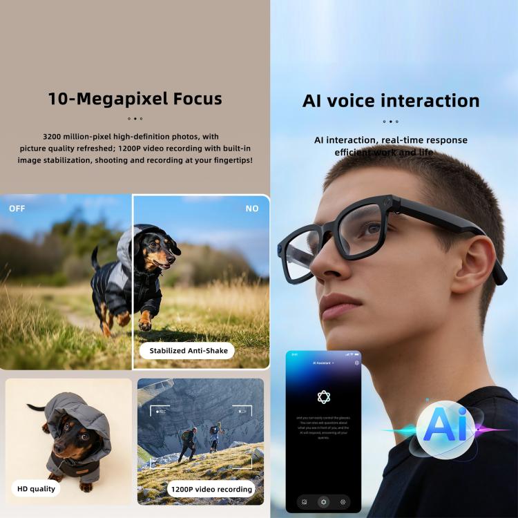 Occhiali intelligenti V03 Pro con intelligenza artificiale, fotocamera HD da 8 MP, registrazione video, trasmissione Wi-Fi e assistente vocale AI., Anti Blue Light Lens, Sunglasses