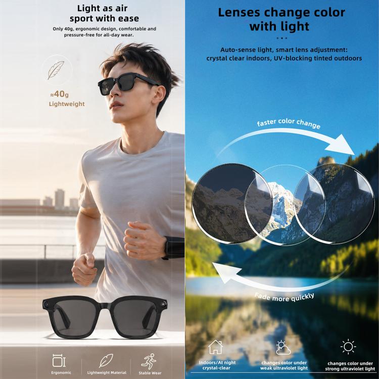 Occhiali intelligenti V03 Pro con intelligenza artificiale, fotocamera HD da 8 MP, registrazione video, trasmissione Wi-Fi e assistente vocale AI., Anti Blue Light Lens, Sunglasses