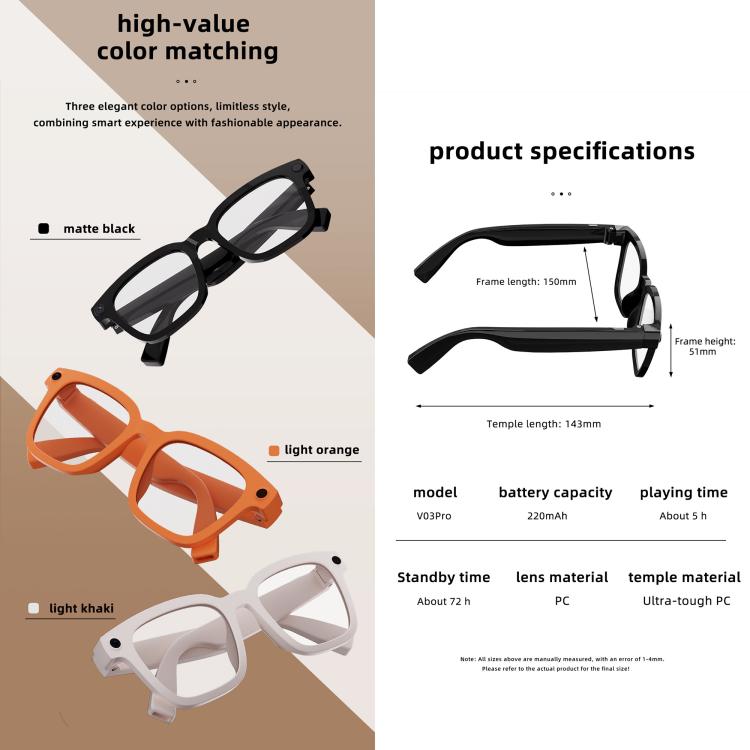 Occhiali intelligenti V03 Pro con intelligenza artificiale, fotocamera HD da 8 MP, registrazione video, trasmissione Wi-Fi e assistente vocale AI., Anti Blue Light Lens, Sunglasses