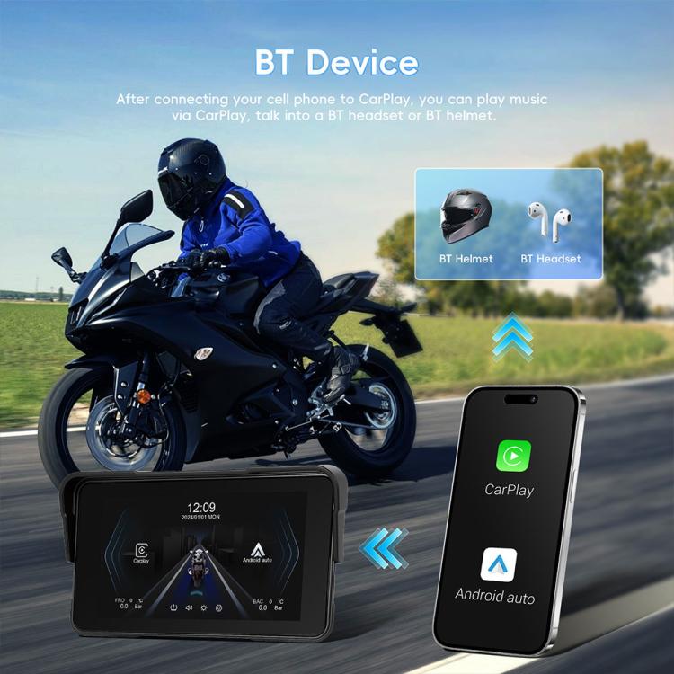 Navigatore per moto con schermo da 5 pollici orientato orizzontalmente, compatibile con CarPlay e Android Auto wireless., Standard, with Tire Pressure Sensor