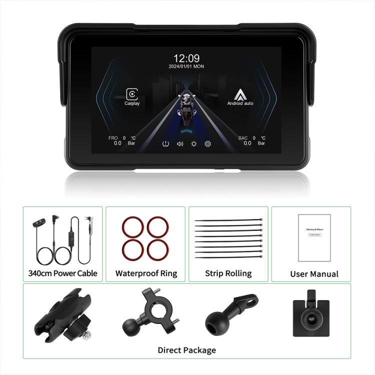 Navigatore per moto con schermo da 5 pollici orientato orizzontalmente, compatibile con CarPlay e Android Auto wireless., Standard, with Tire Pressure Sensor