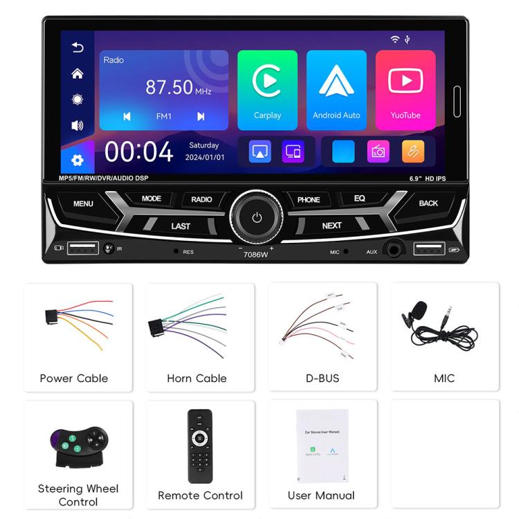 Lettore MP5 wireless per auto da 6,9 pollici con CarPlay e doppio snodo, Standard, Standard+Reversing Camera